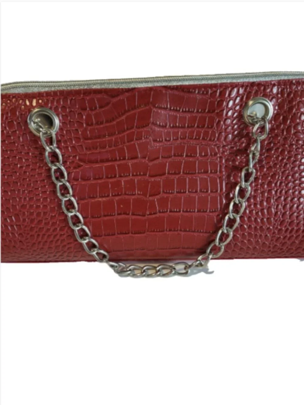 Insulated Wine Bottle Tote Bag Red Animal Print Silver Chain Handles 13 x 6 in